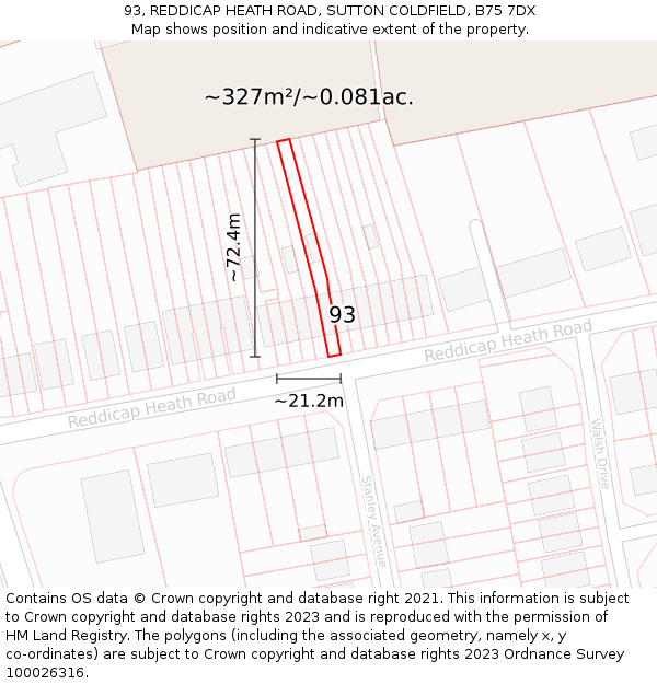 93, REDDICAP HEATH ROAD, SUTTON COLDFIELD, B75 7DX: Plot and title map
