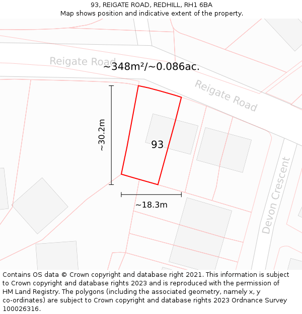 93, REIGATE ROAD, REDHILL, RH1 6BA: Plot and title map