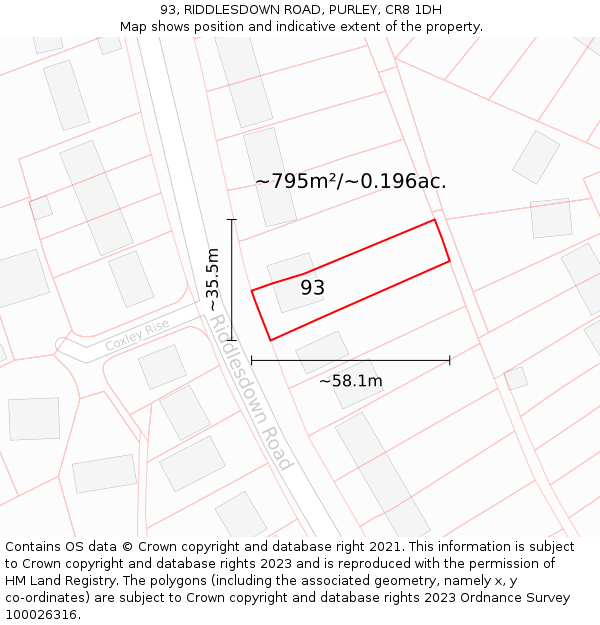 93, RIDDLESDOWN ROAD, PURLEY, CR8 1DH: Plot and title map