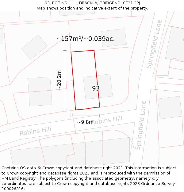 93, ROBINS HILL, BRACKLA, BRIDGEND, CF31 2PJ: Plot and title map