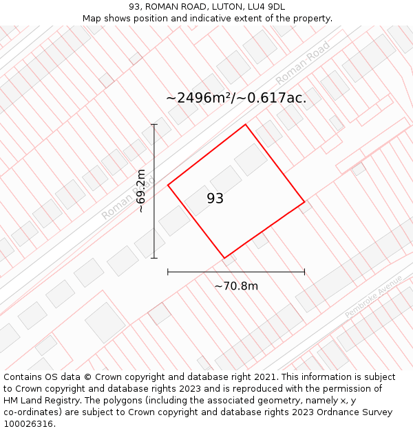 93, ROMAN ROAD, LUTON, LU4 9DL: Plot and title map