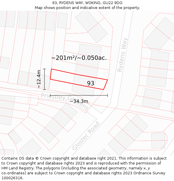 93, RYDENS WAY, WOKING, GU22 9DG: Plot and title map