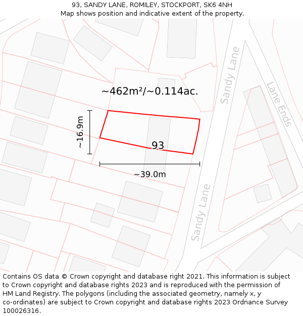 93, SANDY LANE, ROMILEY, STOCKPORT, SK6 4NH: Plot and title map