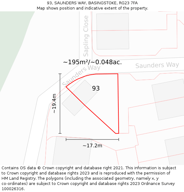 93, SAUNDERS WAY, BASINGSTOKE, RG23 7FA: Plot and title map