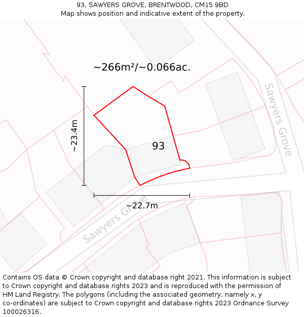 93, SAWYERS GROVE, BRENTWOOD, CM15 9BD: Plot and title map