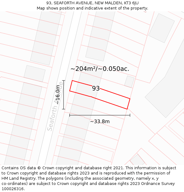 93, SEAFORTH AVENUE, NEW MALDEN, KT3 6JU: Plot and title map