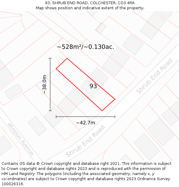 93, SHRUB END ROAD, COLCHESTER, CO3 4RA: Plot and title map