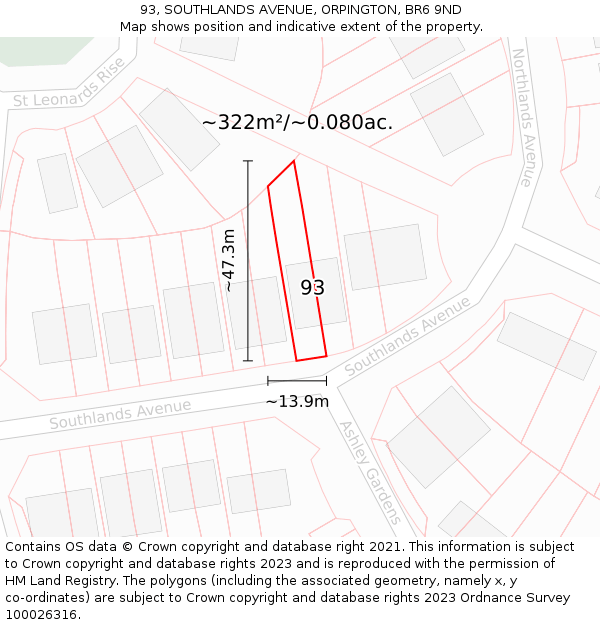 93, SOUTHLANDS AVENUE, ORPINGTON, BR6 9ND: Plot and title map