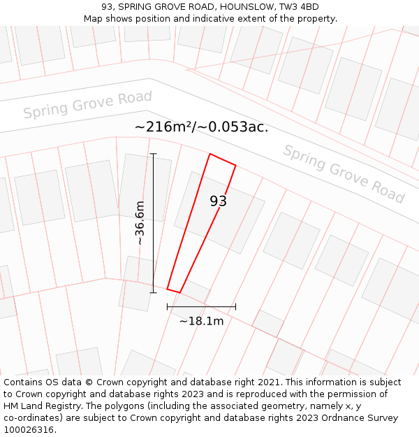 93, SPRING GROVE ROAD, HOUNSLOW, TW3 4BD: Plot and title map