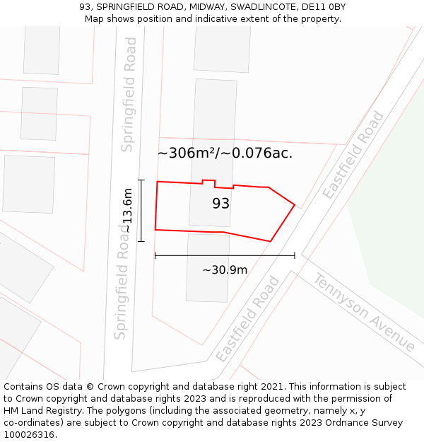 93, SPRINGFIELD ROAD, MIDWAY, SWADLINCOTE, DE11 0BY: Plot and title map
