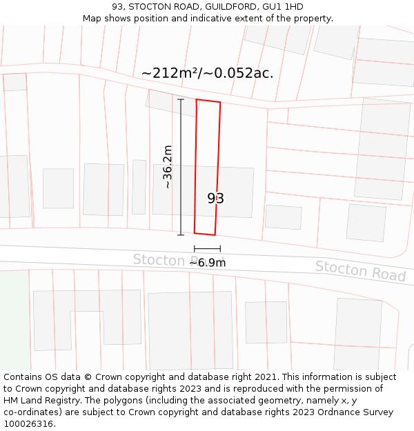93, STOCTON ROAD, GUILDFORD, GU1 1HD: Plot and title map