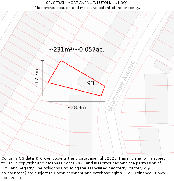 93, STRATHMORE AVENUE, LUTON, LU1 3QN: Plot and title map