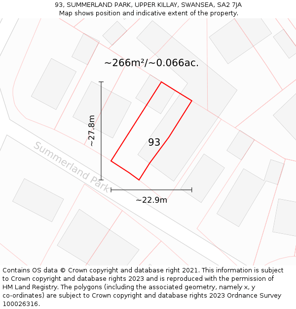 93, SUMMERLAND PARK, UPPER KILLAY, SWANSEA, SA2 7JA: Plot and title map
