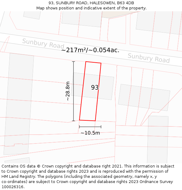 93, SUNBURY ROAD, HALESOWEN, B63 4DB: Plot and title map