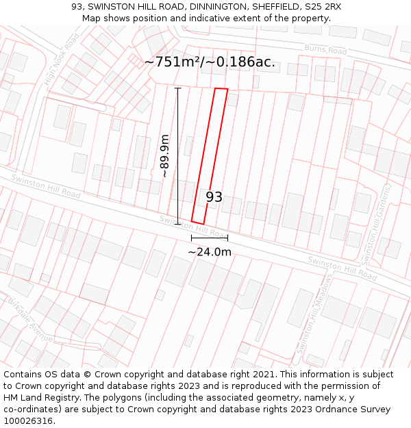 93, SWINSTON HILL ROAD, DINNINGTON, SHEFFIELD, S25 2RX: Plot and title map
