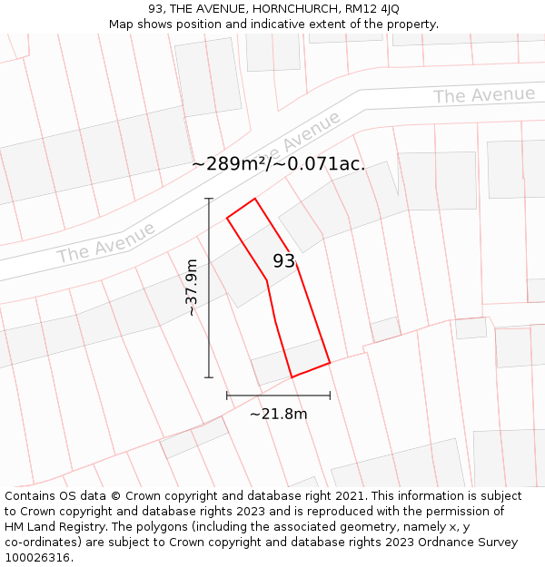 93, THE AVENUE, HORNCHURCH, RM12 4JQ: Plot and title map