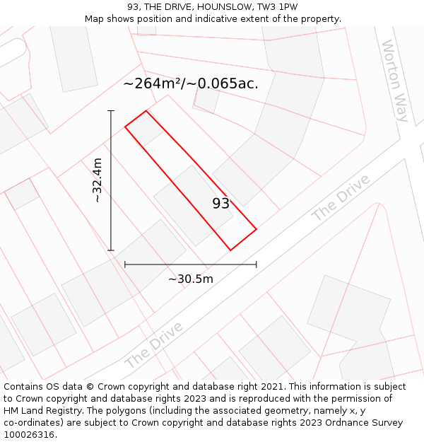 93, THE DRIVE, HOUNSLOW, TW3 1PW: Plot and title map