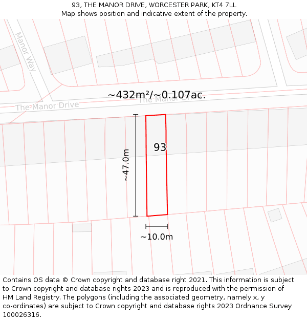93, THE MANOR DRIVE, WORCESTER PARK, KT4 7LL: Plot and title map