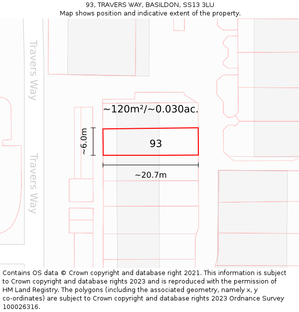 93, TRAVERS WAY, BASILDON, SS13 3LU: Plot and title map