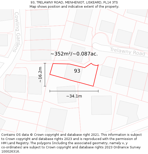 93, TRELAWNY ROAD, MENHENIOT, LISKEARD, PL14 3TS: Plot and title map