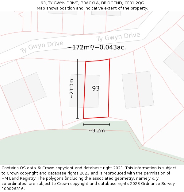 93, TY GWYN DRIVE, BRACKLA, BRIDGEND, CF31 2QG: Plot and title map