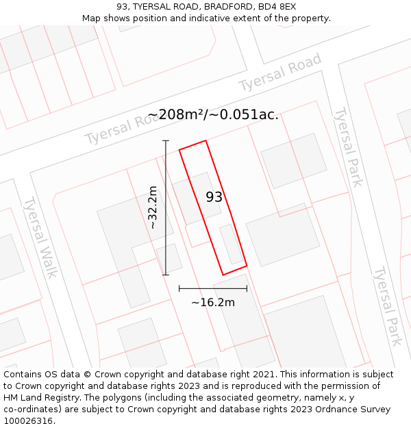 93, TYERSAL ROAD, BRADFORD, BD4 8EX: Plot and title map