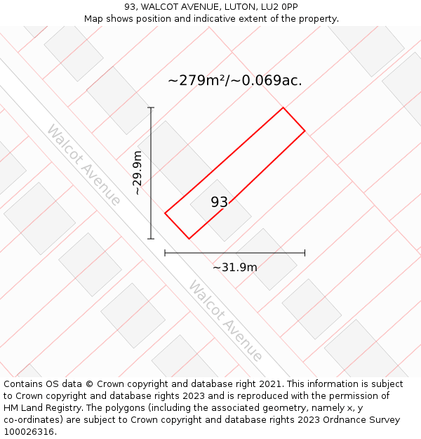 93, WALCOT AVENUE, LUTON, LU2 0PP: Plot and title map