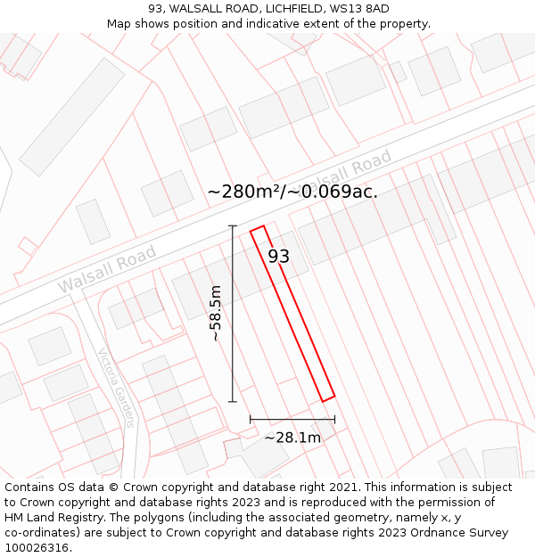 93, WALSALL ROAD, LICHFIELD, WS13 8AD: Plot and title map
