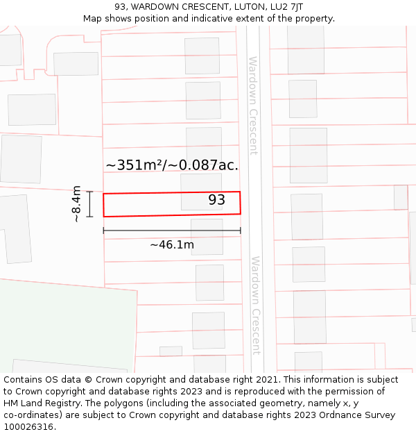 93, WARDOWN CRESCENT, LUTON, LU2 7JT: Plot and title map