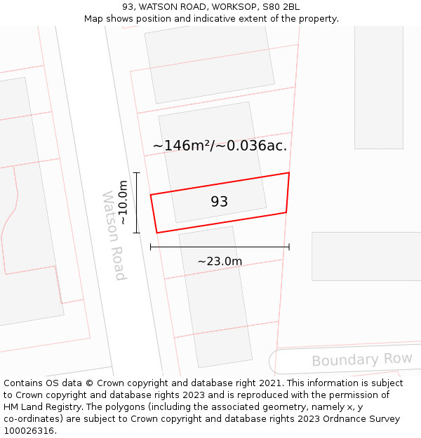 93, WATSON ROAD, WORKSOP, S80 2BL: Plot and title map