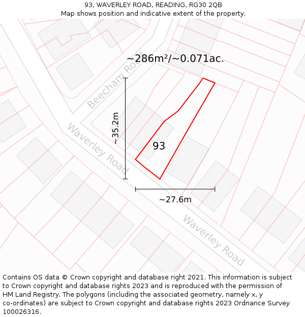 93, WAVERLEY ROAD, READING, RG30 2QB: Plot and title map