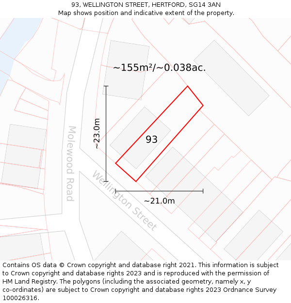 93, WELLINGTON STREET, HERTFORD, SG14 3AN: Plot and title map