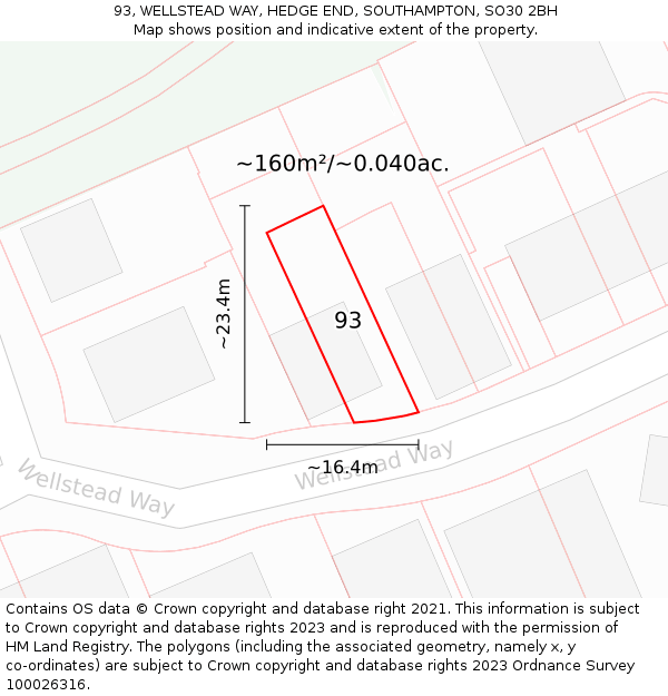 93, WELLSTEAD WAY, HEDGE END, SOUTHAMPTON, SO30 2BH: Plot and title map