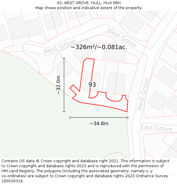 93, WEST GROVE, HULL, HU4 6RH: Plot and title map