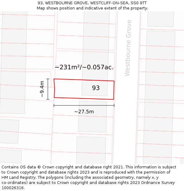 93, WESTBOURNE GROVE, WESTCLIFF-ON-SEA, SS0 9TT: Plot and title map