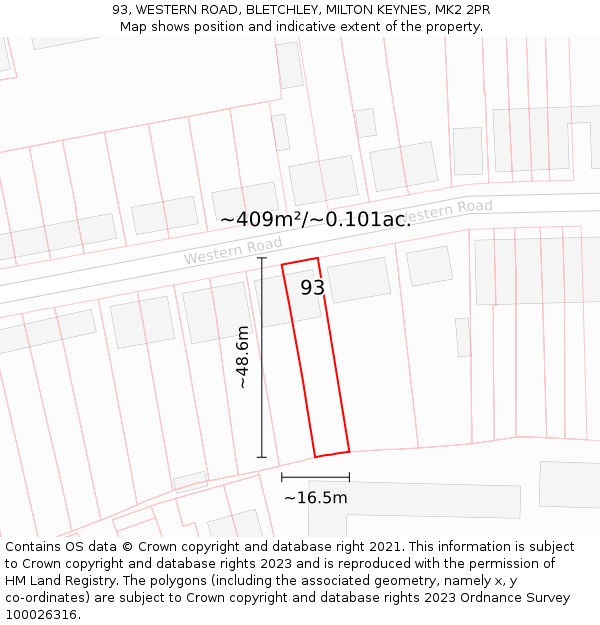 93, WESTERN ROAD, BLETCHLEY, MILTON KEYNES, MK2 2PR: Plot and title map