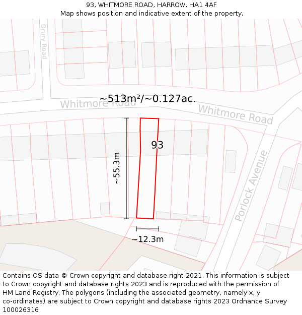 93, WHITMORE ROAD, HARROW, HA1 4AF: Plot and title map