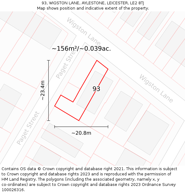 93, WIGSTON LANE, AYLESTONE, LEICESTER, LE2 8TJ: Plot and title map