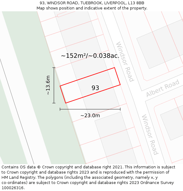 93, WINDSOR ROAD, TUEBROOK, LIVERPOOL, L13 8BB: Plot and title map