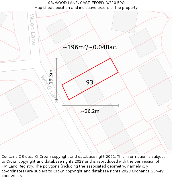 93, WOOD LANE, CASTLEFORD, WF10 5PQ: Plot and title map