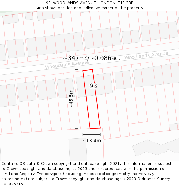 93, WOODLANDS AVENUE, LONDON, E11 3RB: Plot and title map
