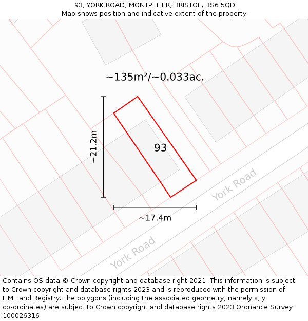 93, YORK ROAD, MONTPELIER, BRISTOL, BS6 5QD: Plot and title map