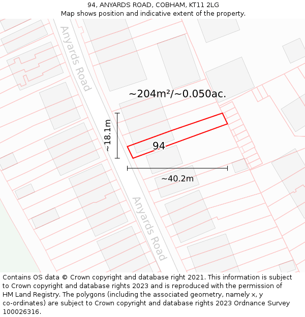 94, ANYARDS ROAD, COBHAM, KT11 2LG: Plot and title map