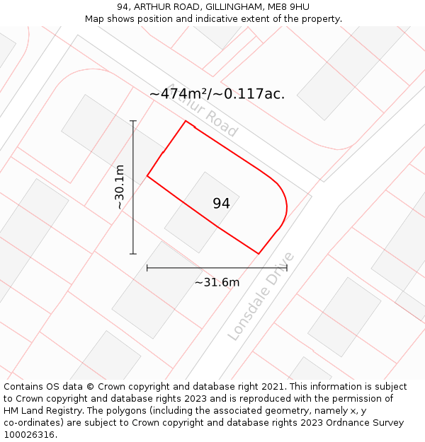 94, ARTHUR ROAD, GILLINGHAM, ME8 9HU: Plot and title map