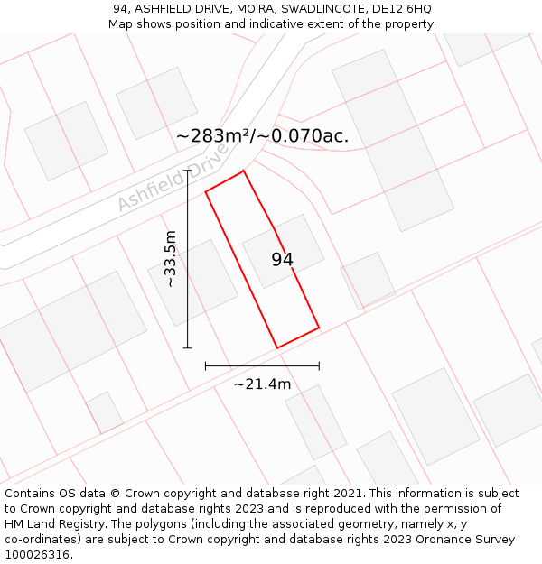 94, ASHFIELD DRIVE, MOIRA, SWADLINCOTE, DE12 6HQ: Plot and title map