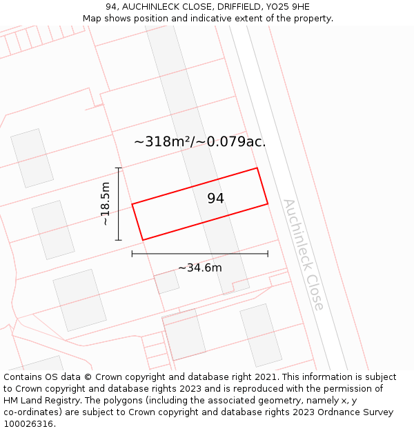 94, AUCHINLECK CLOSE, DRIFFIELD, YO25 9HE: Plot and title map