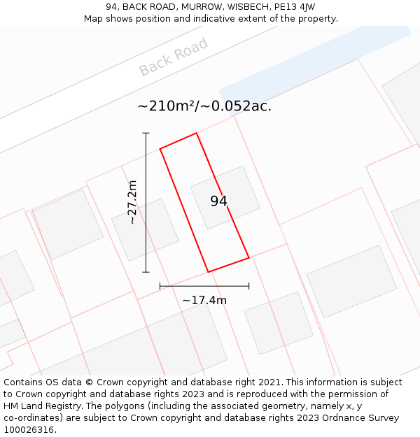 94, BACK ROAD, MURROW, WISBECH, PE13 4JW: Plot and title map
