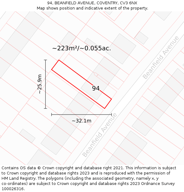 94, BEANFIELD AVENUE, COVENTRY, CV3 6NX: Plot and title map