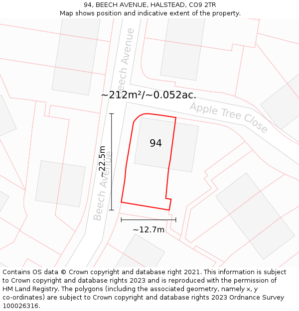 94, BEECH AVENUE, HALSTEAD, CO9 2TR: Plot and title map