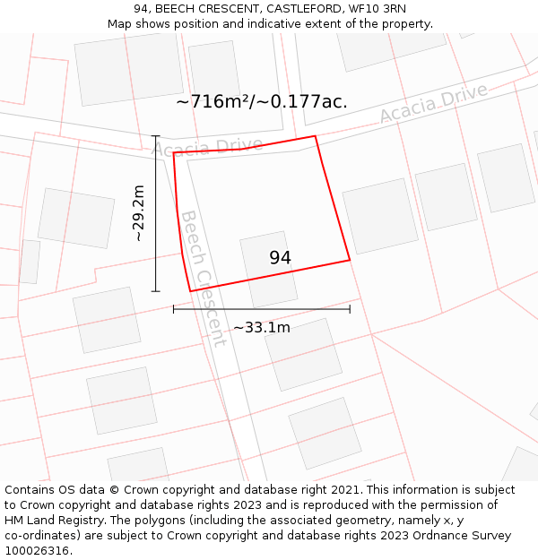 94, BEECH CRESCENT, CASTLEFORD, WF10 3RN: Plot and title map